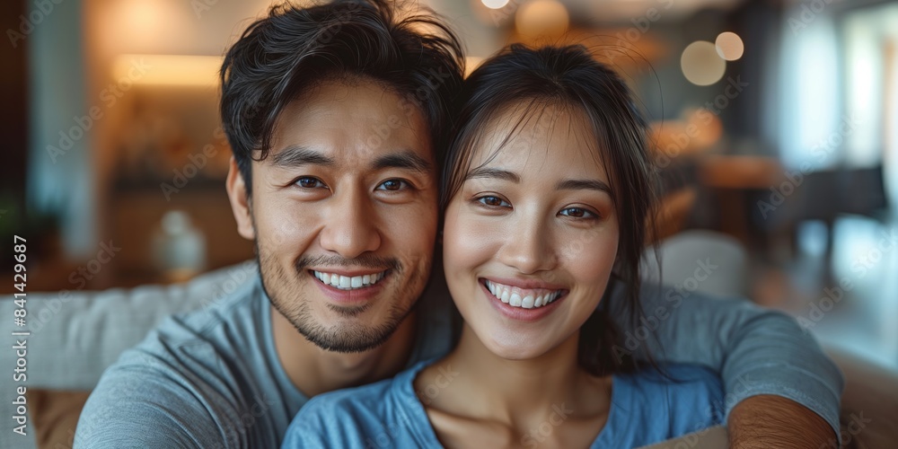 A Chinese couple embraces, smiling and laughing, radiating love and joy in a summer selfie. A Chinese couple embraces, smiling and laughing, radiating love and joy in a summer selfie.