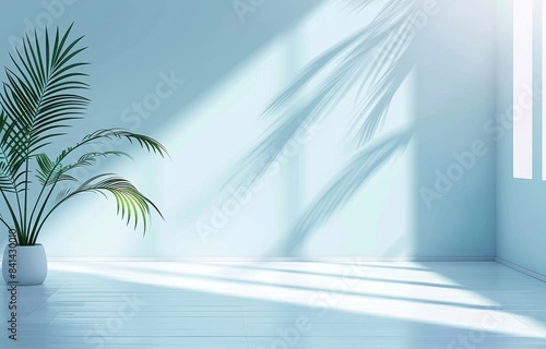 Light blue wall with blurred shadow cast by palm leaves. Spring and summer background.