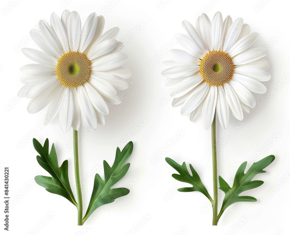 A pair of design elements with close-ups of daisies isolated on transparent backgrounds.