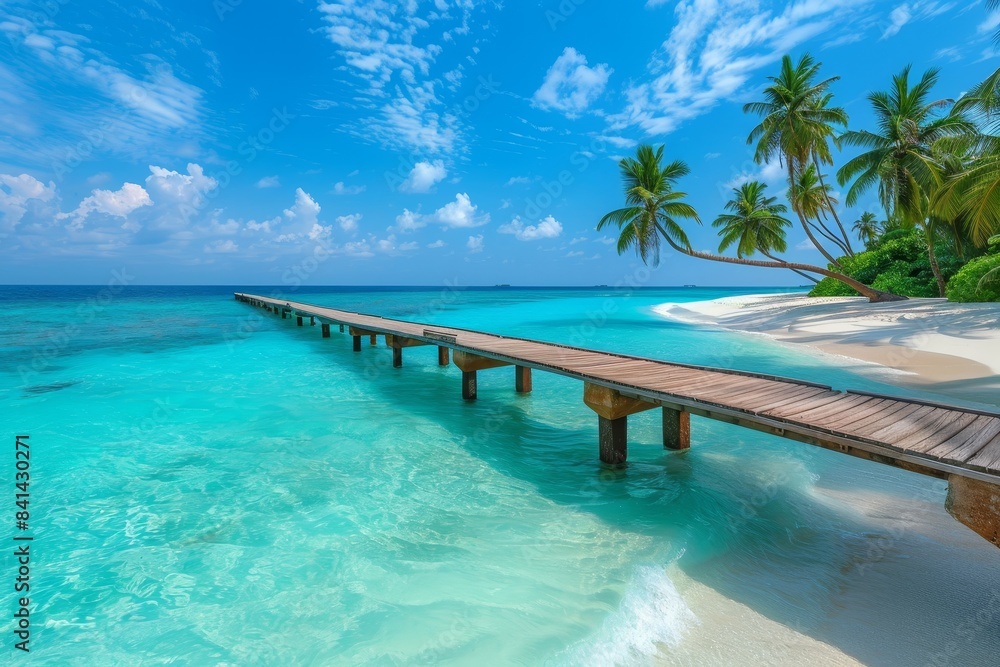 This is a beautiful seascape with white sand and palm trees, turquoise water in the ocean on a bright sunny day. Blue sky with clouds in the background. Summer vacation. CG rendered by AI.