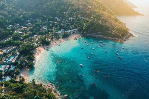 This is an aerial view of the beautiful bay with yachts, sandy beaches, and resort towns in summer. Tropical landscape with sea shore. This image was created using artificial intelligence.