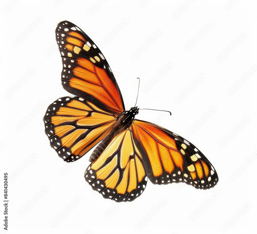 Naklejka premium An elegant yellow orange butterfly in flight on a transparent background.