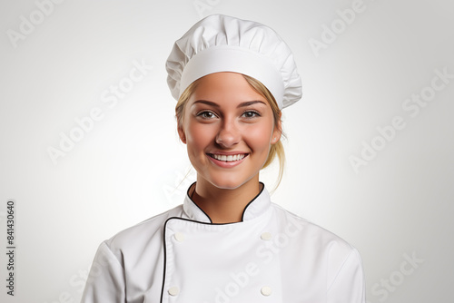 Smiling white pastry chef on white background. Smiling white baker. Bakery professions. Bakery job offer. American pastry maker. Africa. Image for graphic designer. Image for flyers. French baker.