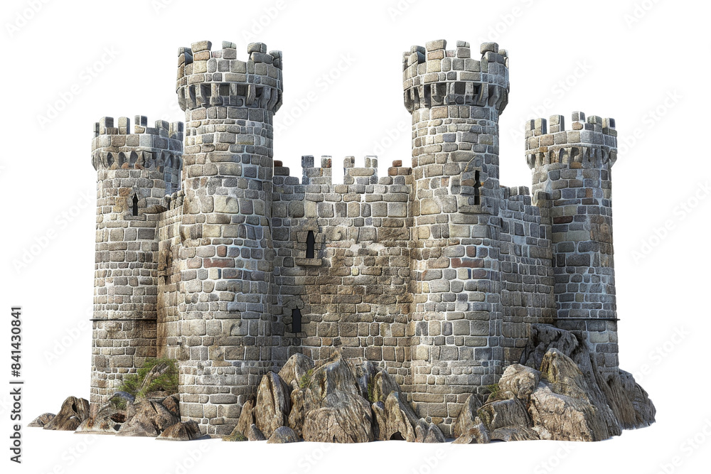 Medieval stone castle with multiple watchtowers, isolated on a ...
