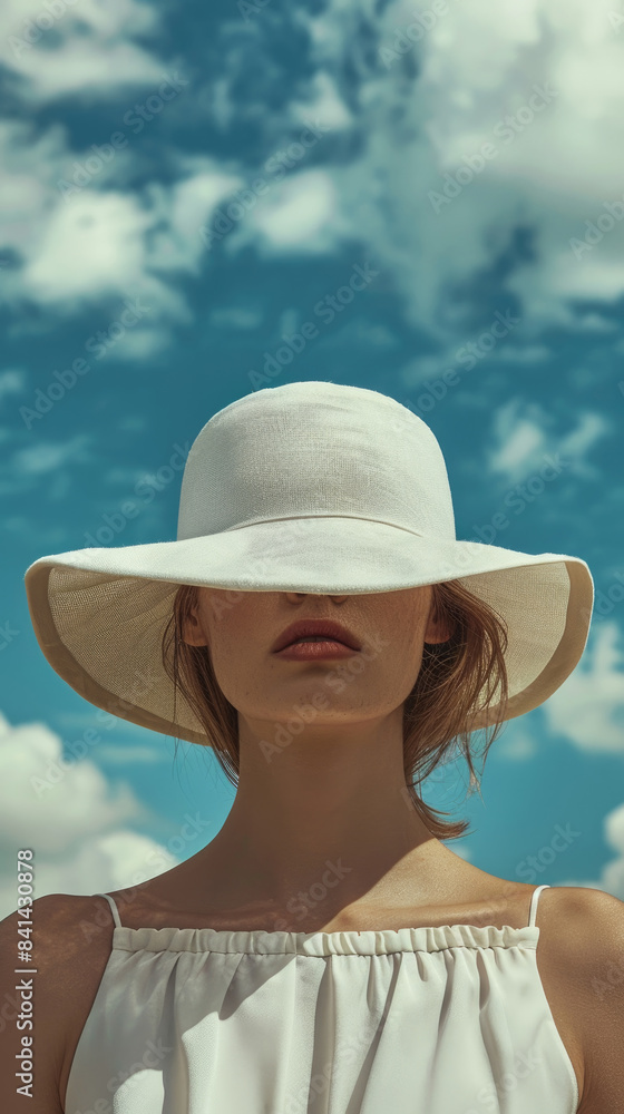 A woman with brown hair wears a white wide-brimmed hat under a bright blue sky with puffy white clouds