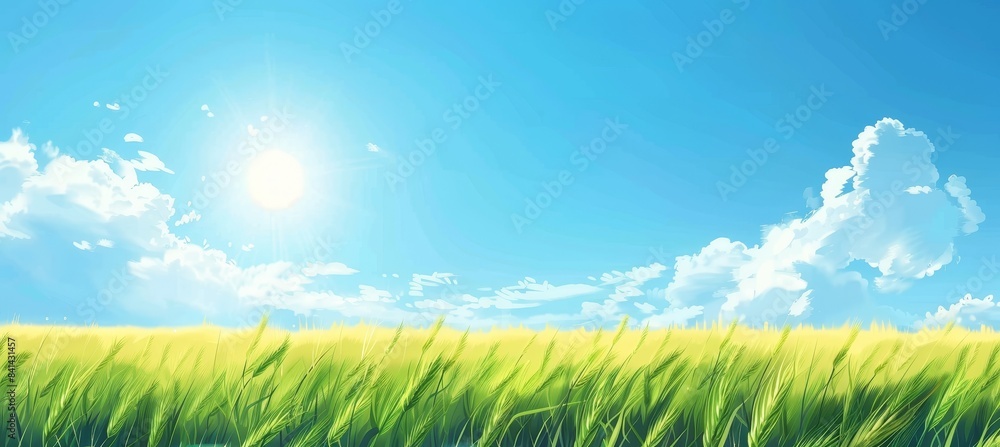 Obraz premium Beautiful natural spring panorama of green wheat fields on hills below a blue sky.