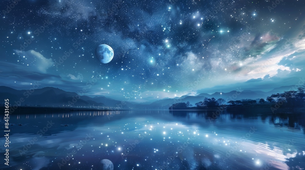 Naklejka premium A group of stars are mirrored in the smooth surface of a calm lake kissed by the moons gentle touch.
