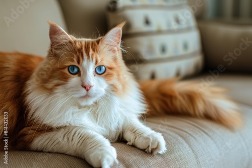 Wallpaper Mural In this AI-generated image, a young red striped cat rests on a gray sofa and watches attentively. Torontodigital.ca