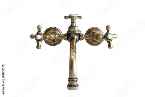 Vintage brass faucet with dual handles isolated on transparent background. Antique plumbing fixture perfect for bathroom or kitchen decor.