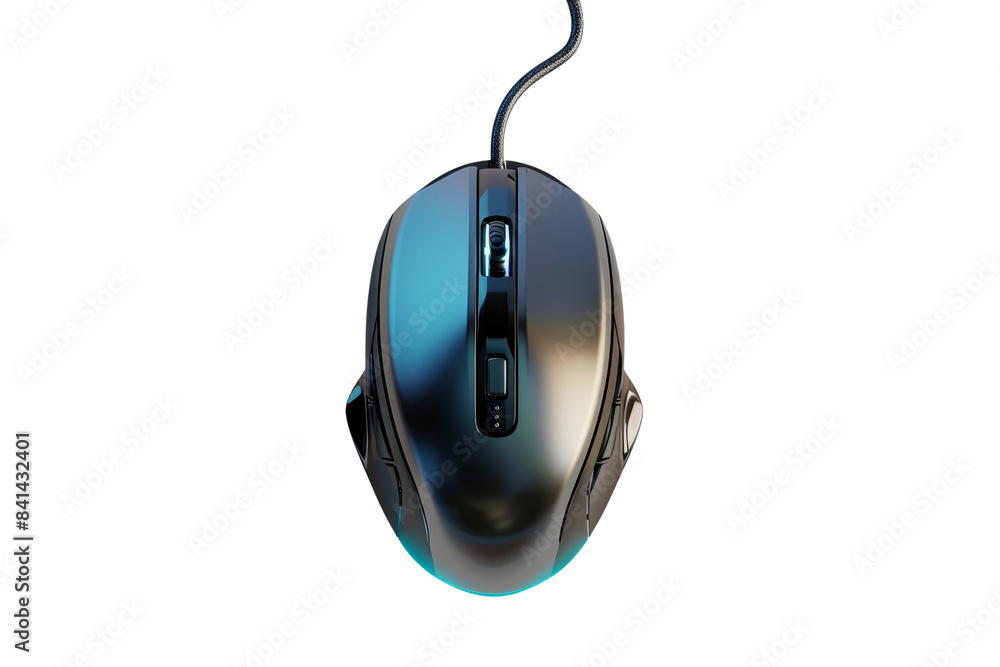 Top view of a modern wired computer mouse with blue lighting, isolated on a black background. Perfect for technology and gaming themes. Top view of a modern wired computer mouse with blue lighting, isolated on a black background. Perfect for technology and gaming themes.