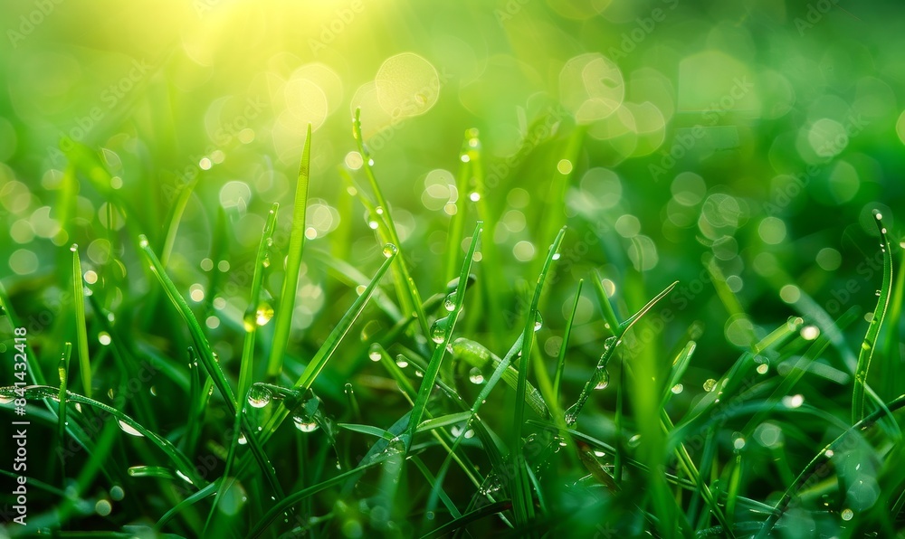 Dew droplet on grass blade in the morning light. Macro shot of a water drop in nature Dew droplet on grass blade in the morning light. Macro shot of a water drop in nature