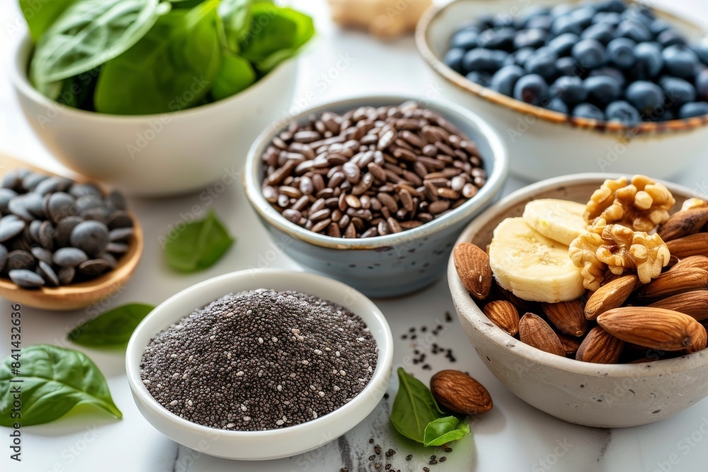 Assorted fresh ingredients for a healthy meal, including beans, spinach, nuts, and seeds, arranged on a white background, showcasing vibrant colors and textures Assorted fresh ingredients for a healthy meal, including beans, spinach, nuts, and seeds, arranged on a white background, showcasing vibrant colors and textures