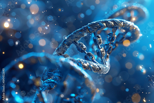 Closeup of the DNA double helix against a blue background, in the concept of science and technology, with high-resolution photography showing insanely detailed imagery photo