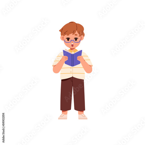 Cute child reading literature to study, learning. Clever boy, kid holds paper book in hands. Little reader in glasses stands with open textbook. Flat isolated vector illustration on white background