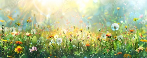 A bright sunny summer day with colorful dandelions and wildflowers in the form of a banner.