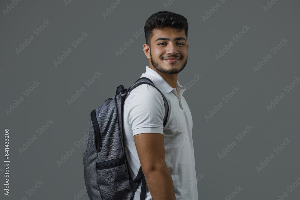 Obraz premium Confident university student smiling with backpack against gray background