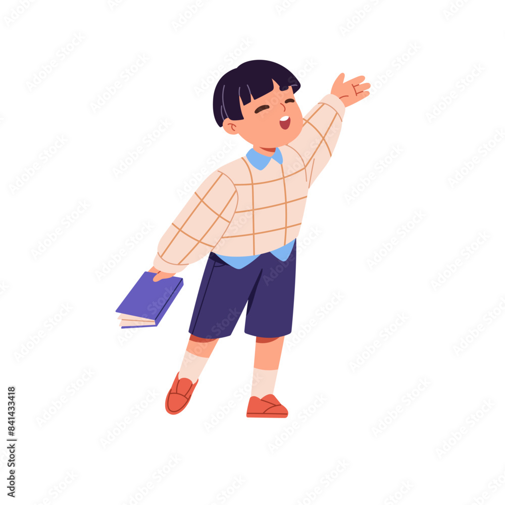 Cute asian child sings prayer, holds song book. Happy kid shows in church choir. Little boy singer performs carols with hand up, closed eyes. Flat isolated vector illustration on white background Cute asian child sings prayer, holds song book. Happy kid shows in church choir. Little boy singer performs carols with hand up, closed eyes. Flat isolated vector illustration on white background
