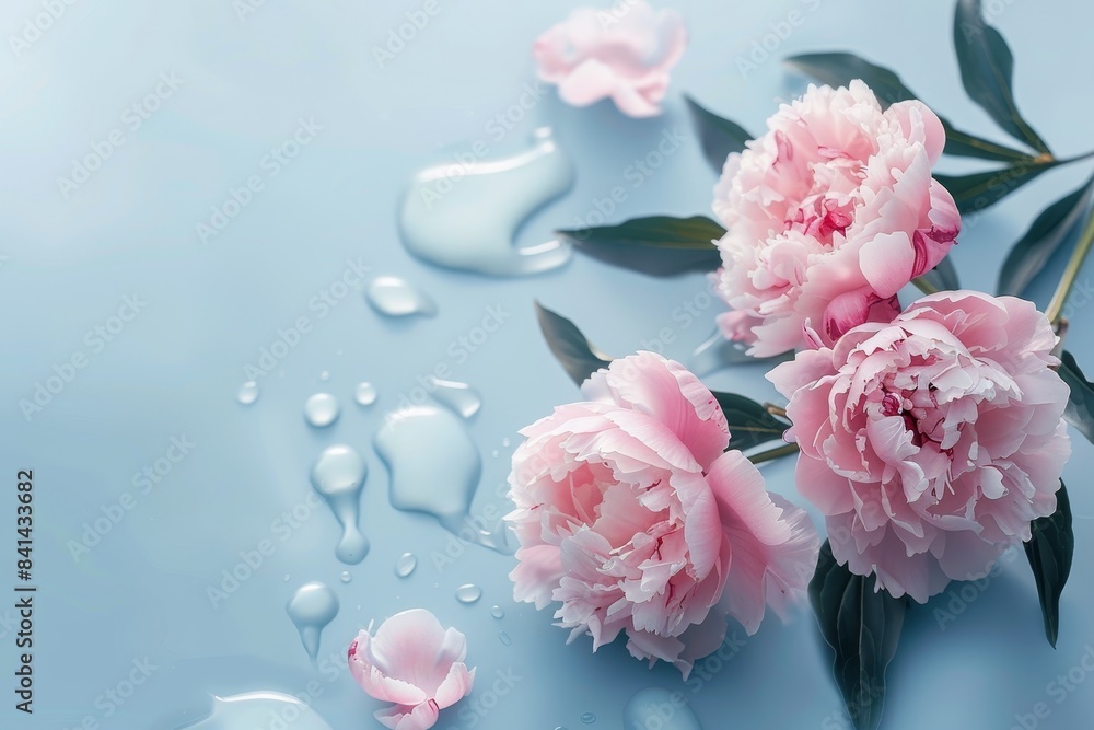 This AI-generated image features pink large flowers peonies against a blue background. This AI-generated image features pink large flowers peonies against a blue background.