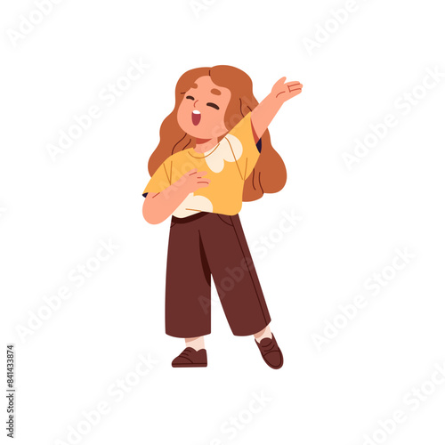 Cute child sings national anthem with putting hand on heart. Talented little girl shows in vocal concert. Happy kid singer performs in music performance. Flat isolated vector illustration on white