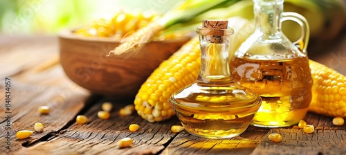 Studio shot of corn oil and corn kernels with ample copy space for advertising on the left side photo