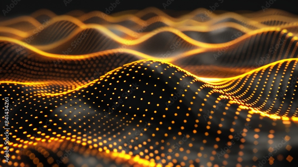 Abstract digital wave landscape with golden dots. Futuristic gold and black image showing a technology-inspired pattern. Great for backgrounds, designs. AI Abstract digital wave landscape with golden dots. Futuristic gold and black image showing a technology-inspired pattern. Great for backgrounds, designs. AI