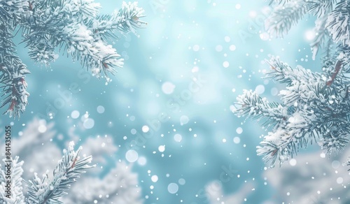 A beautiful winter background with blurry Christmas trees and snowdrifts.