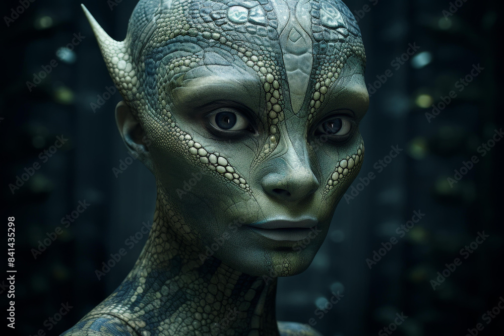 Explore the mysterious world of reptilian humanoid beings through stunning neural network art depicting their beautiful faces.