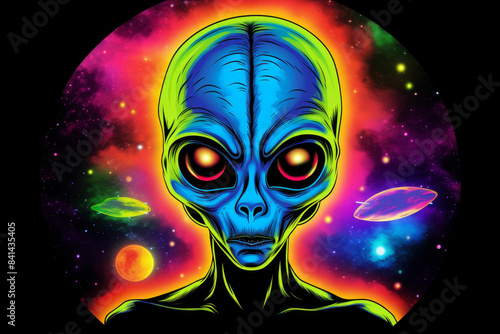 Create eyecatching Tshirt or poster design featuring a cheerful alien with a beautiful face.