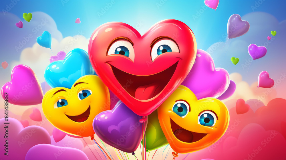 Fototapeta premium Vibrant cartoon emoticon joyfully wishes Happy Valentines Day in colorful speech bubble.