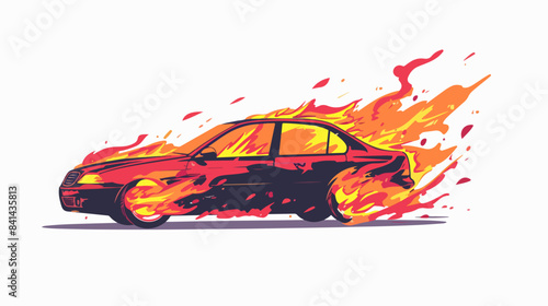 Illustration of a car on fire on a white background. Burning car.