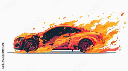 Illustration of a car on fire on a white background. Burning car.