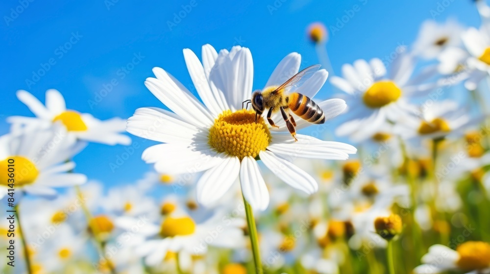 Obraz premium Natural background depicting daisy flower and bees on a sunny day 