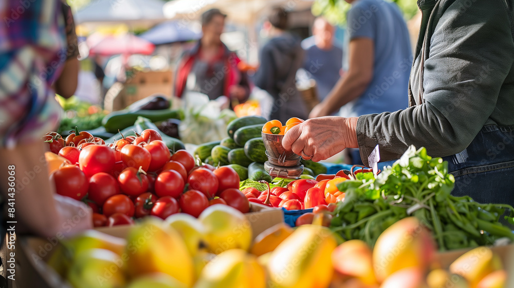 a detailed image of a street vendor weighing and packaging fresh fruits and vegetables, while chatting with customers in a lively market setting, Street, Small Farm, Market Busines a detailed image of a street vendor weighing and packaging fresh fruits and vegetables, while chatting with customers in a lively market setting, Street, Small Farm, Market Busines