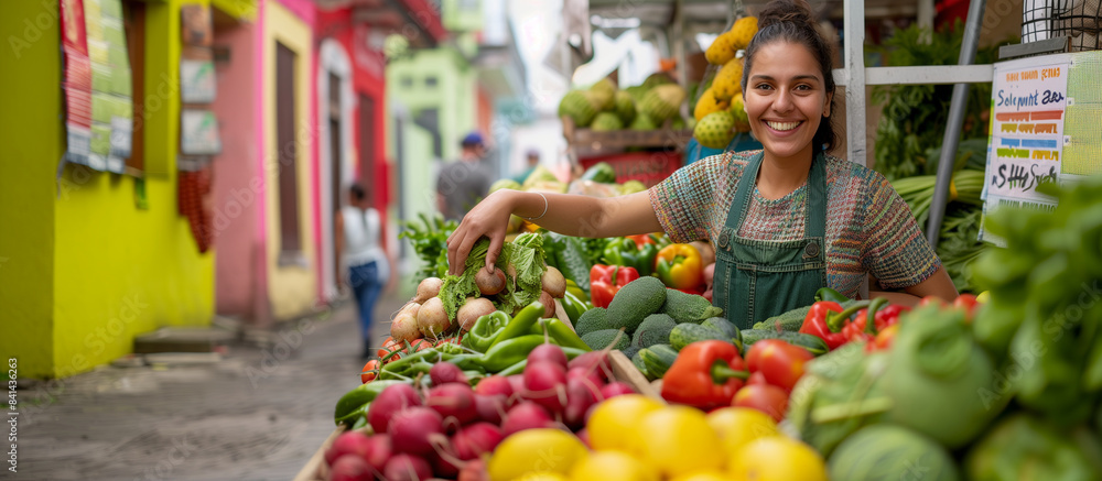 a of a cheerful street vendor arranging a colorful display of fresh fruits and vegetables on a market stall, with a friendly smile and a vibrant street market backgr a of a cheerful street vendor arranging a colorful display of fresh fruits and vegetables on a market stall, with a friendly smile and a vibrant street market backgr