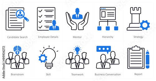 A set of 10 mix icons as candidate search, employee details, mentor