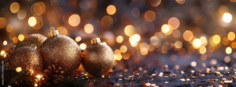 With golden balls and Christmas lights in the background, this widescreen blurred background makes the New Year look spectacular. With golden balls and Christmas lights in the background, this widescreen blurred background makes the New Year look spectacular.
