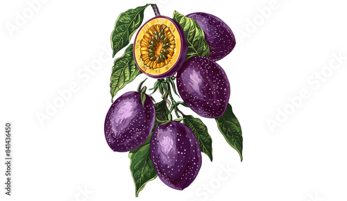 Passion fruit old botanical vector illustration isolated on transparent background, exotic tropical fruit vintage drawing, botanical illustration design element, ripe passionfruit.