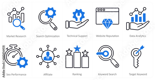 A set of 10 mix icons as market research, search optimization, technical support