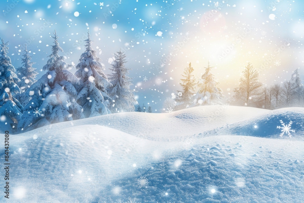 Soft fluffy snowy landscape with snowdrifts and trees in sunlight. Created by artificial intelligence. Soft fluffy snowy landscape with snowdrifts and trees in sunlight. Created by artificial intelligence.