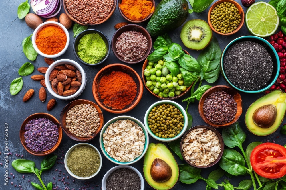 Assorted spices and herbs in bowls arranged on a vibrant background, showcasing the aromatic and flavorful quality perfect for culinary use Assorted spices and herbs in bowls arranged on a vibrant background, showcasing the aromatic and flavorful quality perfect for culinary use