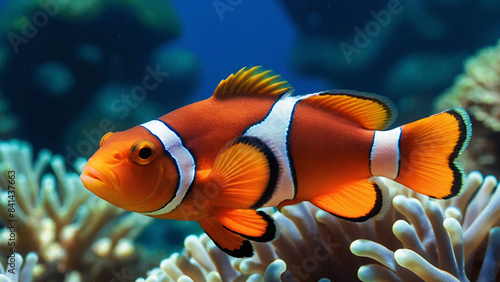 Clown Fish Swimming Hunting For Food In Its Natural Habitat Underwater Photography Style 300 PPI High Resolution Image