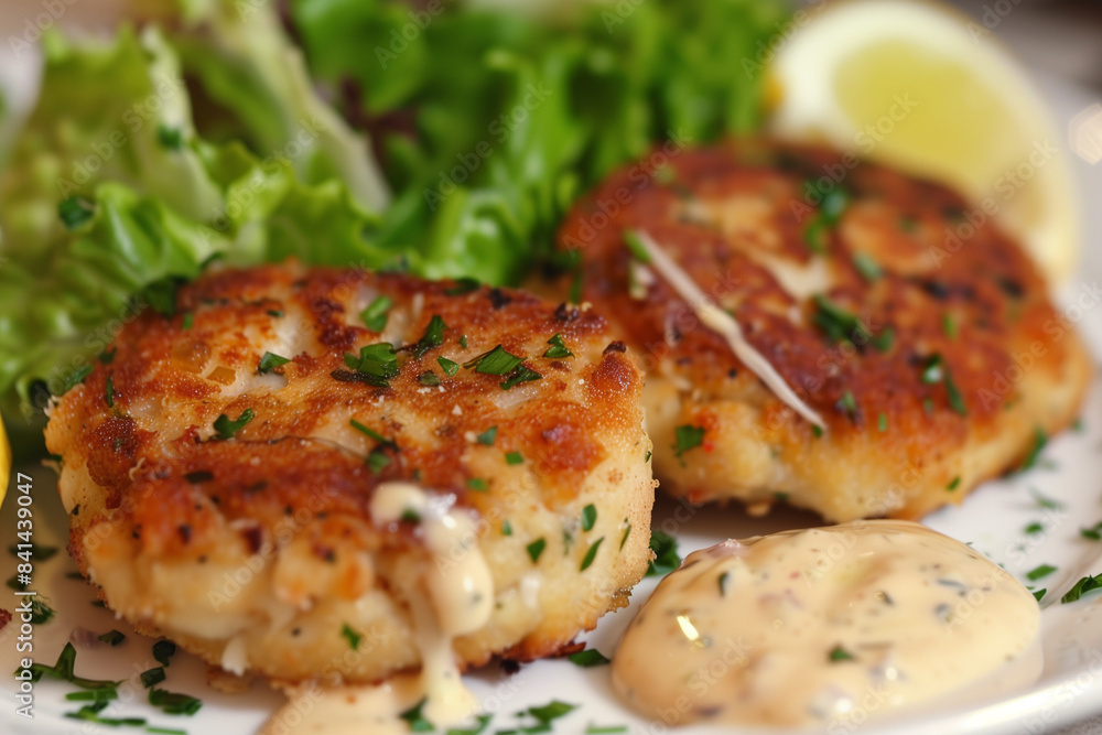 Crab cakes with lime mayonnaise, closeup Crab cakes with lime mayonnaise, closeup