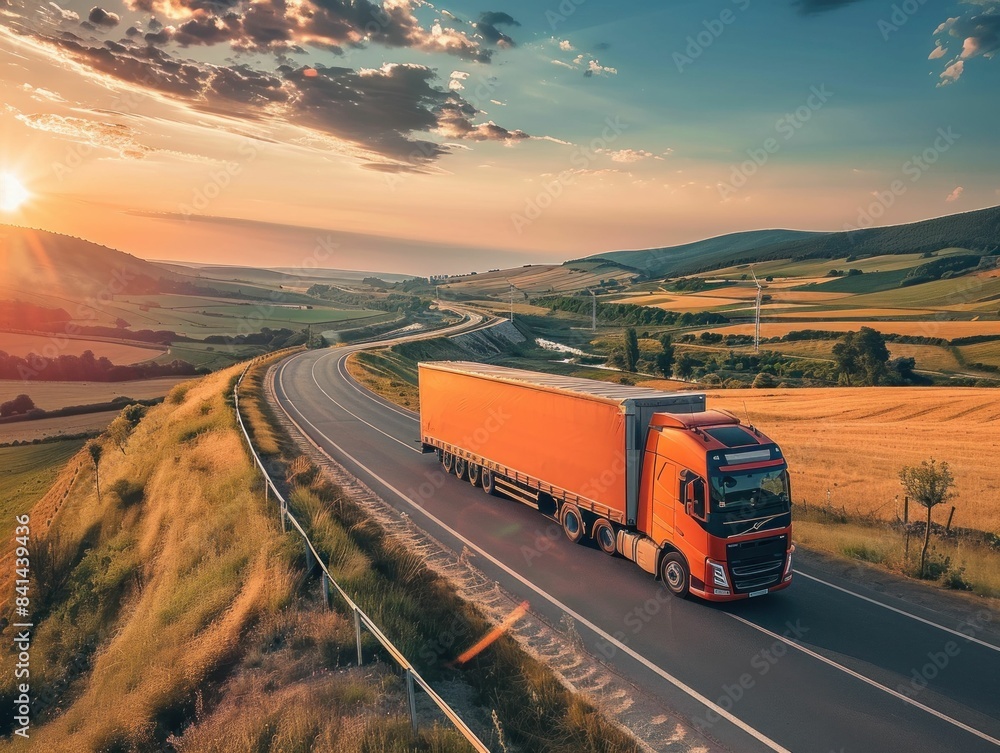 Semi truck driving through sunset countryside with fields and hills in background iconic travel scene Semi truck driving through sunset countryside with fields and hills in background iconic travel scene