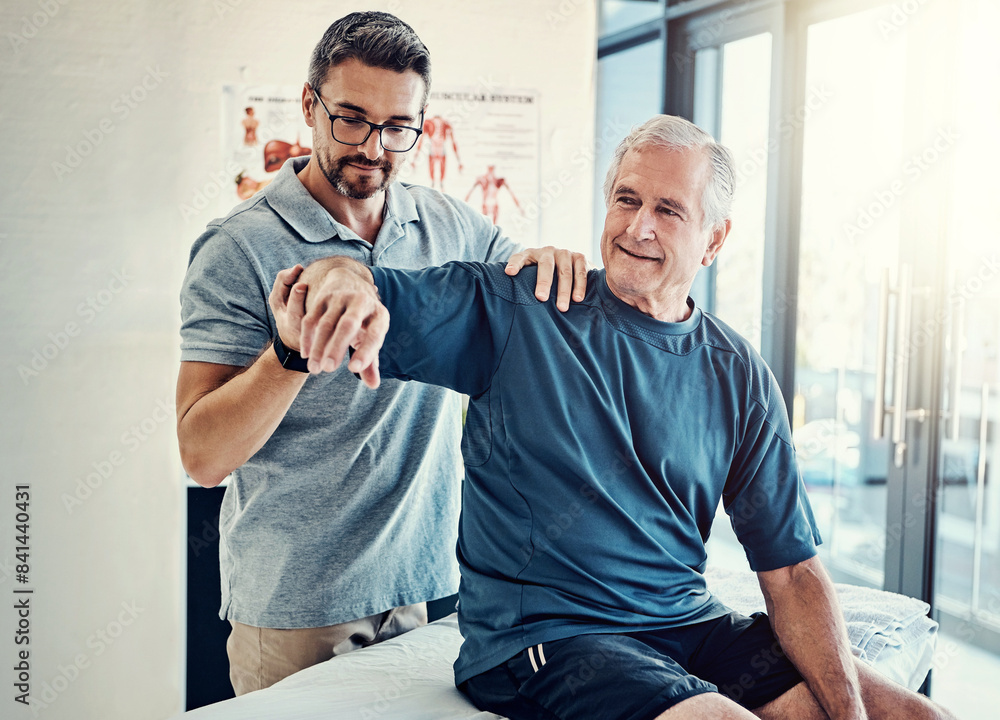 Fototapeta premium Physiotherapy, chiropractor and senior man with arm pain for rehabilitation, consulting and exercise. Healthcare, physical therapy and person with patient for medical service, wellness and support