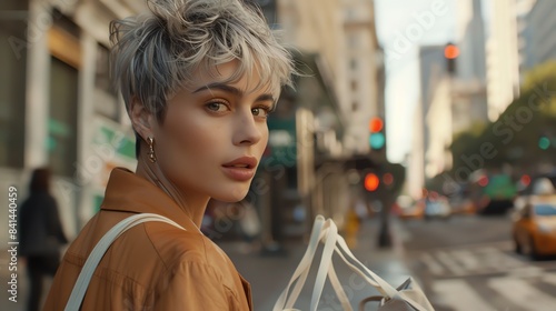 Thoughtful young woman with short hair looking away on a busy city street with blurred background.