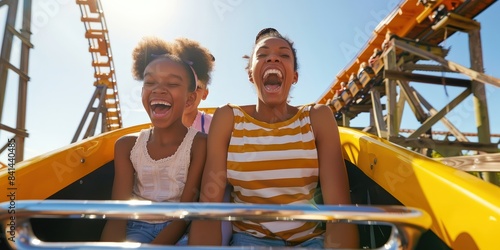 Two young girls are riding a roller coaster. They are both smiling and appear to be enjoying themselves. The roller coaster is made of metal and has red and yellow tracks.