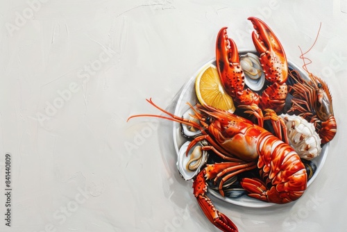 A beautifully plated lobster meal with fresh oysters and a lemon wedge on a white plate, captured against a white background.