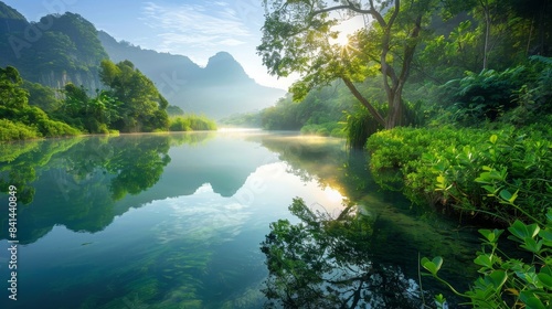 A beautiful, serene lake surrounded by lush green trees