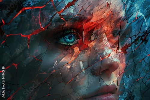 Conceptual portrait of a mind consumed by anxiety and distressed synaptic pathways in a kaleidoscope of reds and blues photo