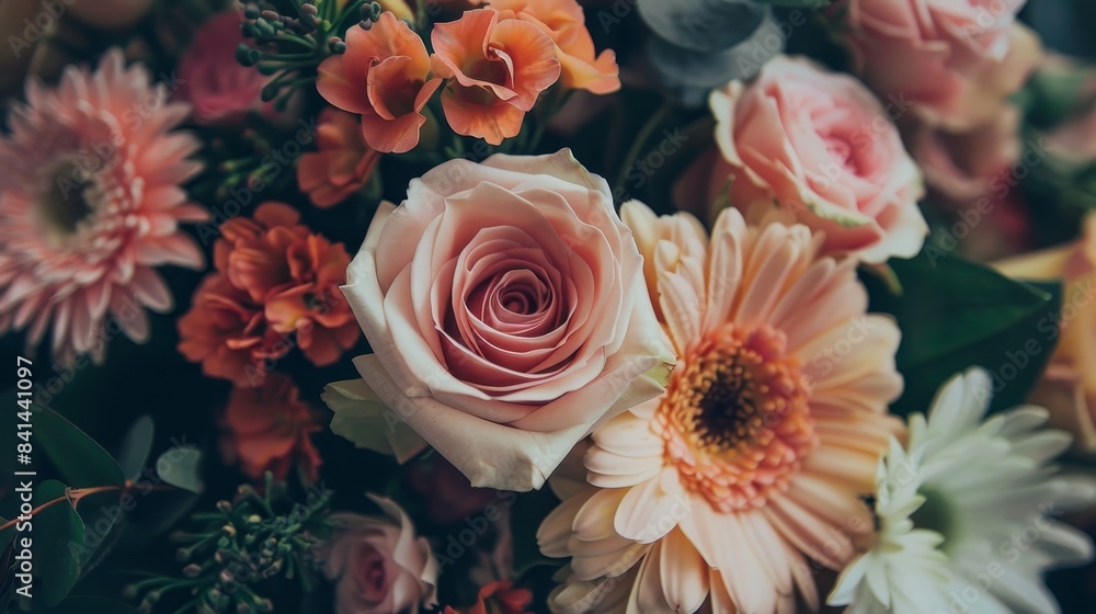 A bouquet of flowers with pink roses and orange flowers A bouquet of flowers with pink roses and orange flowers